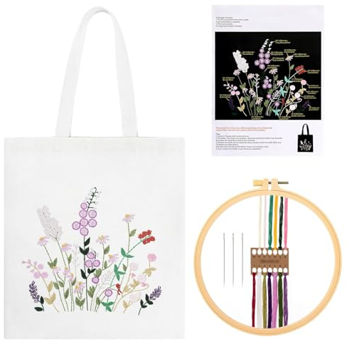 HAPPOW Canvas Tasche Sticken Set Erwachsene, Embroidery Kit inklusive Anleitung, Stickrahmen, Nadeln und Fäden, Stickset für Anfänger, DIY Stickset Tasche für individuelle Gestaltung(Weiß)