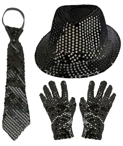 EUPSIIU 3 Pièces Chapeau de Danse Jazz Déguisement pour Enfants ou Adultes, Accessoire Disco Performance Gants Cravate Halloween Paillettes Chapeau Fournitures de Fête,Spectacles de Jazz