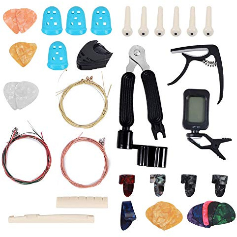 Gitarren-Setup-Kit, Gitarrenwartungsset, Gitarren-Reinigungsset, Gitarrenwerkzeug-Wechselset, Gitarrenzubehör-Set inklusive Messingsaite, Zelluloid-Plektrum, Stimmgerät, Kapodaster, solider