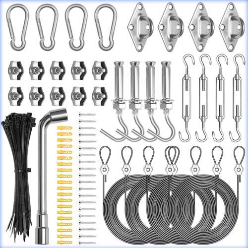 121PCS Sun Shade Sail Hardware Kit ，includes 4pcs 10ft Nylon Coated Cable Wire,304 Stainless Steel Sun Shade Sail Installation Kit for Triangle Rectangle Shade Canopy for Outdoor Patio