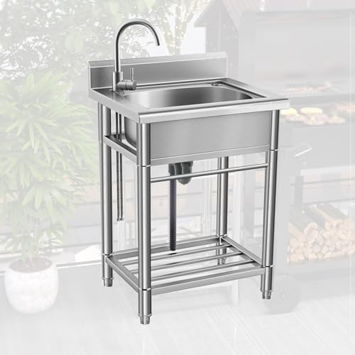 Gewerbliche Spülbecken 55×50×85CM Freistehend Edelstahl-Multifunktionswaschtisch Spülbecken mit Warm Kaltwasserhahn Outdoor Garage Garten Keller Ausgussbecken