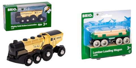BRIO World 33630 - Goldene Batterielok mit Licht und Sound - Mit Auskoppel-Funktion zur Nutzung als Schiebelok - Empfohlen ab 3 Jahren & Bahn 33696 - Langholzwagen