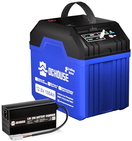 DCHOUSE Batterie au Lithium LiFePO4 100Ah 12V avec Chargeur 20A, jusqu'à 15000 Cycles, Batterie au Lithium 1280 Wh, pour trolling Moteurs, Maisons Mobiles, systèmes solaires, Camping, Hors réseau