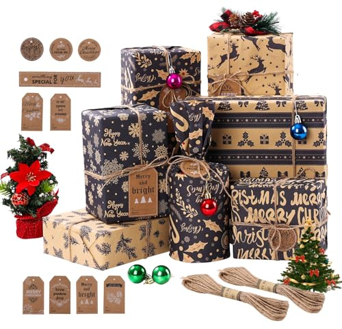 Christmas Wrapping Paper, 12 Sheets Navy Blue Kraft Xmas Gift Wrapping Paper Set with 10 Tags and 20m Jute String