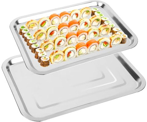 Trendecor Set di 2 piatti da portata in acciaio inox, rettangolari, da cameriere, per buffet, sushi, torte, antipasti a casa/ristorante, 32 x 22 cm + 36 x 27 cm