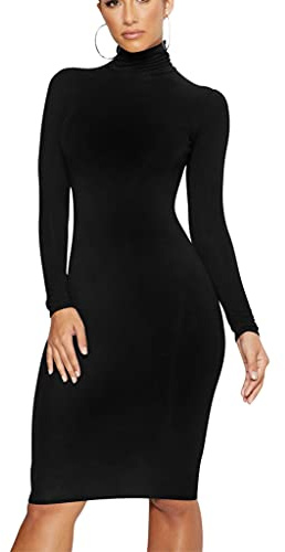 Women's Casual Long Sleeve Bodycon Sexy Turtleneck Midi Club Party Pencil Dresses, S, Black