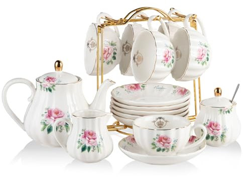 Sweejar Porzellan-Teeset, British Royal-Serie, 237 ml, Tassen und Untertasse, Service für 6 Personen, mit Teekanne, Zuckerdose, Sahnekrug, Teelöffel und Teesieb, geeignet für hohen Tee, Hochzeit