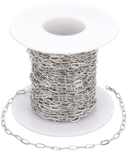 SOFPLATE 10M/32.8 Feet Silver Paper Clip Chain Bulk Brass Cable Chain with Spool Drawn Elongated Oval Paperclip Soldered Roll Link Connector Chains for Jewelry Making Necklaces Bracelets DIY Crafts
