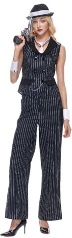 EraSpooky Disfraz de gángster para mujer traje a rayas de los años 20 para adulto incluye chaqueta sin mangas pantalones corbata pulsera sombrero