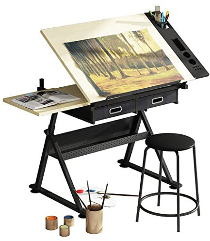 BOSHYUM Verstellbarer Zeichentisch mit Hocker, Zeichentisch mit 2 Schubladen, Basteltisch mit Metallrahmen, kippbarer Kunst- und Basteltisch, Maltisch, Kunsttisch aus Holz mit Stauraum, Home-Office