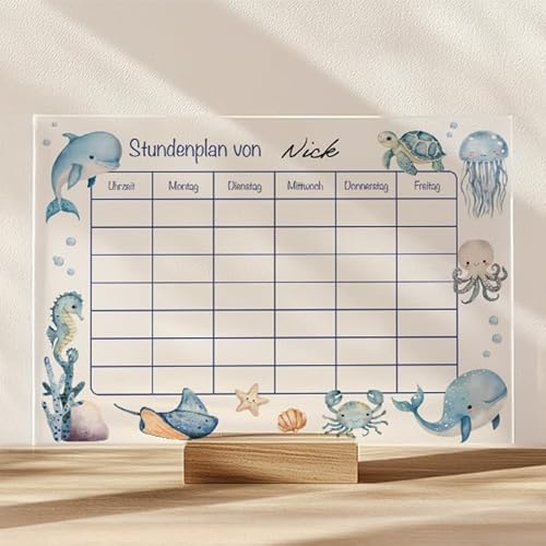 MeinBaby123® Stundenplan aus Acryl abwischbar inkl. Holzhalterung | Einschulung | Schulanfang Geschenk | Wochenplan | Jungs & Mädchen | Stundenplan Unterwasserwelt | Meerestiere | Wal, Delfin