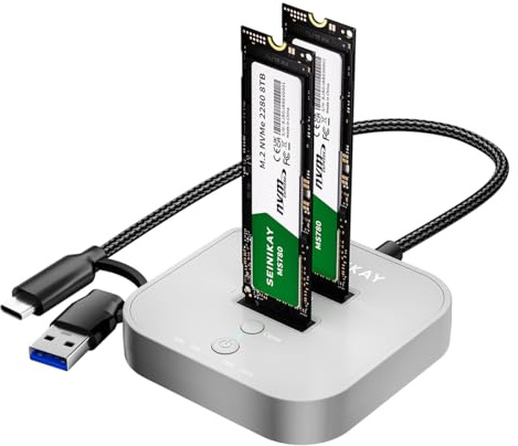 SEINIKAY Dual Bay M.2 NVMe/AHCI Cloning Dock - Portable NVMe Duplicator Cloner with 20Gbps C to C-A Cable, Offline Clone, Tool-Free Design, Progress LED & Fast Heat Dissipation