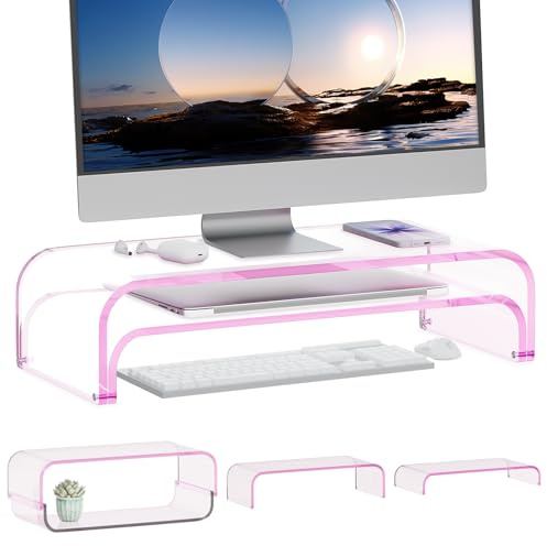 ERGO COLLECT Monitorständer Acryl 2er-Set, 2-Ebenen Bildschirmerhöhung Modular, PC Monitor-Erhöhung, Schreibtisch-Aufsatz für Laptop Erhöhung, Laptop Ständer Transparent für iMac, PC, Drucker (Rosa)