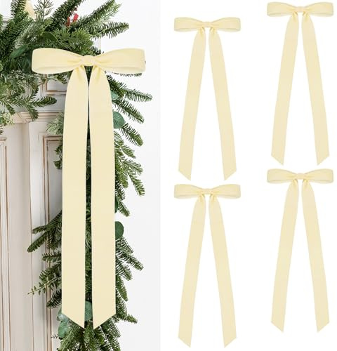 4 Pcs Rustic Large Christmas Velvet Bows Decorations - 23.6 x 8.66 Inch Vintage Ribbon Bow for Xmas Tree Topper Wreath Garland Fireplace Staircase Home Decor (Cream White)