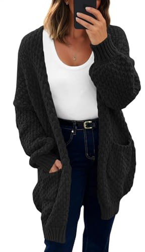 Saodimallsu Womens Oversized Open Front Cardigans Fall Chunky Knit Lantern Long Sleeve Sweater Coats with Pockets Black