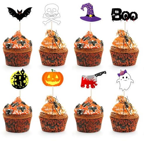NEBURORA 64 Stück Halloween Cupcake Topper, Kürbis, Fledermaus, Geist, Boo, Cupcake-Spieße, Kuchendekorationen für Halloween Party Dekor