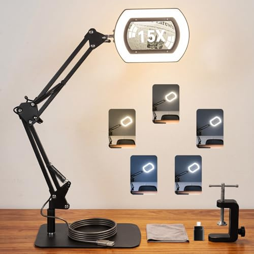USOR 15x Square Magnifying Glass with Light and Stand, 5 Color Stepless Dimmable 2-In-1 Magnifier Desk Lamp & Clamp, Hands-Free Magnifying Glass for Reading Craft Work (Timer Function)