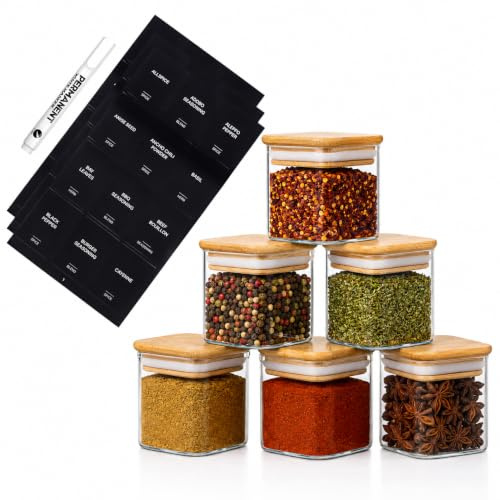 Eden & Willow 6 Pcs Glass Spice Jars with Bamboo Lids 150ml, Square Spice Containers with Black Labels, Stackable Clear Borosilicate Glass Jars for Herbs, Seasonings, Salt, Seeds & Pantry Organisation