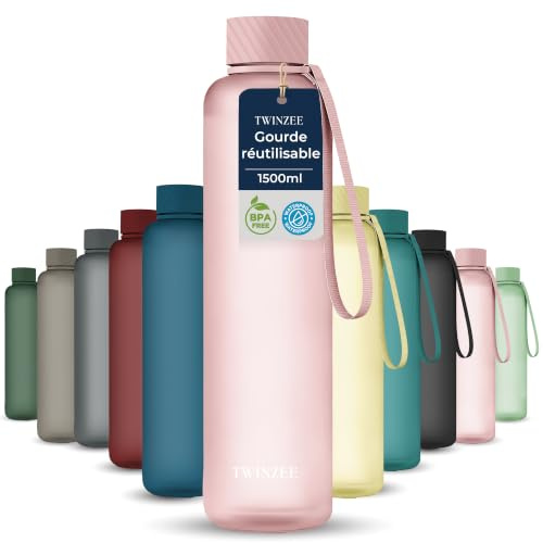 Twinzee 1,5L vattenflaska - läckagesäker och BPA-fri för sport, skola och kontor - 1 liters sportflaska, diskmaskinssäker - rosa