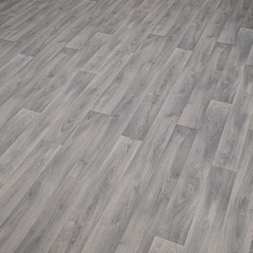 Grey Modern Plank Effect Callisto Vinyl Flooring 2mm Thick Lino Roll Bathroom Kitchen (2m Wide x 3.5m Long)