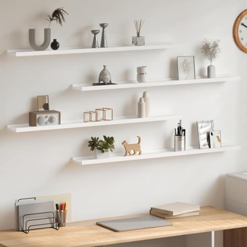 Fangravortex Wandregale 4 STK. Weiß MDF 100x9x3 cm Wandboard Schweberegal Regalbrett für Wohnzimmer Schlafzimmer Küche Bad Flur Kinder Büro Platzsparend Stauraum Aufbewahrung Deko Organizer