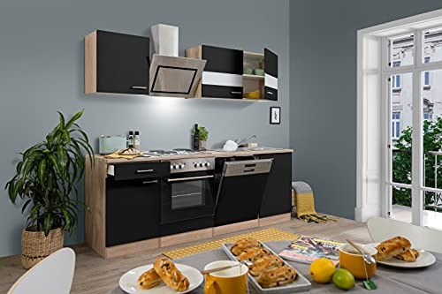 respekta Küchenzeile Merle KB220ESSS Schwarz 220 cm Breite mit Elektrogeräten