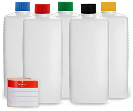Octopus 5 Botellas de plástico 500 ml, Botellas de plástico de HDPE con Tapones de Rosca de Colores, Botellas vacías con Tapas de Rosca de Colores, Botellas rectangulares con 5 Etiquetas para marcar