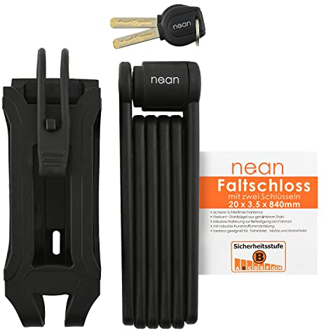 nean Fahrrad Faltschloss, Fahrradschloss mit Halterung, Klappschloss, Gelenkschloss, aus gehärtetem Stahl, mit Stecktasche und 2x Sicherheit Schlüssel, 20 x 3,5 x 840 mm, schwarz