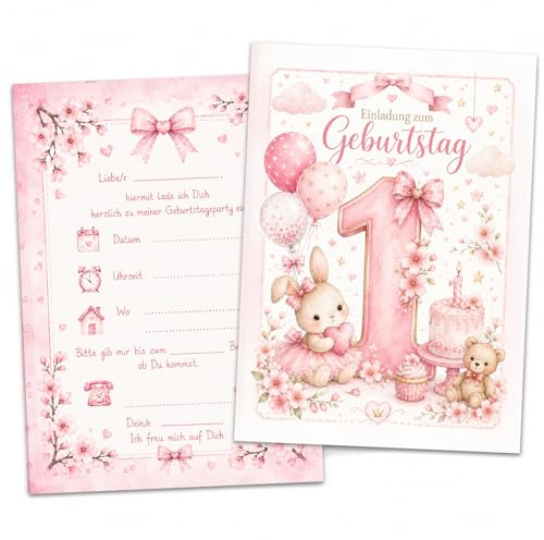 8 Einladungskarten erster Geburtstag zum 1. Kindergeburtstag rosa Aquarell Niedlich für Mädchen