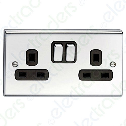 Deta SD1209CHB Switched Socket Outlet 13 Amp - 2 Gang (Polished Chrome/Black Inserts)