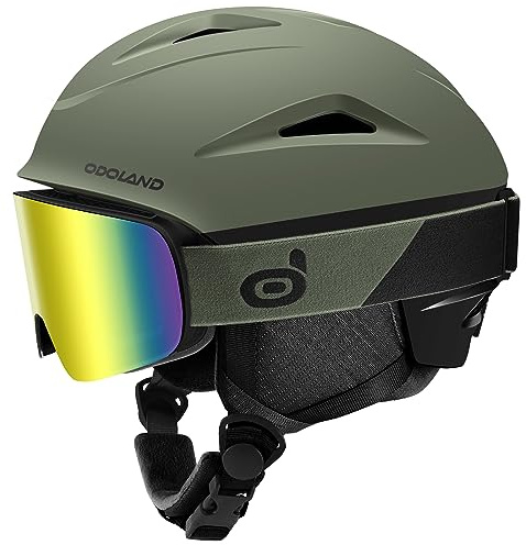 Odoland Casque de Ski et Snowboard, Casque À Neige avec Lunettes de Ski Anti-buée Anti-UV léger Adultes Hommes Femmes Jeunes, Antichoc et Universel pour Skating (Vert, S)