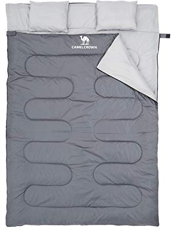 CAMEL CROWN Schlafsack für Erwachsene und Kinder, Doppelschlafsack mit 2 Kissen, 4 Jahreszeiten, warmes und kühles Wetter, leichter Rucksack-Schlafsack für Wandern und Camping, Grau
