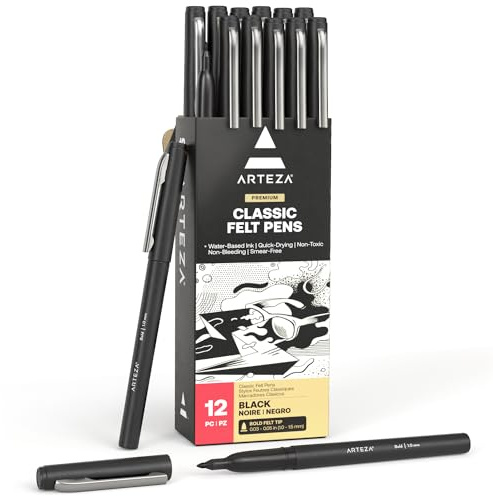 ARTEZA Black Felt Tip Pens, Pack of 12, 1.0–1.5 mm Fiber Tip, Quick-Drying Water-Based Ink, Art Supplies for School, Office, and Home
