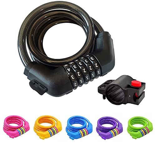 GOLDPOOL Fahrradschloss, Zahlen-Code-Kombination-Kabel-Schloss, bunt, 120 cm x ∅12mm Stahlseil ummantelt，Hohe Sicherheit 5 Stelliges Kabelschloss(Schwarz)