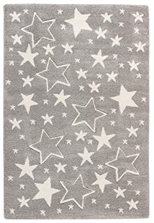 Qiyano Kinderteppich, Teppich für Kinderzimmer, für Junge und Mädchen, Spielteppich, Konturenschnitt Sterne, Schadstoffgeprüft, Pflegeleicht - Farbe: Grau, Größe: 80 x 150 cm