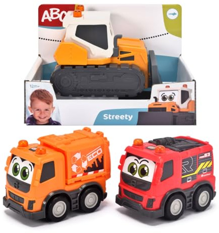 Dickie Toys ABC Streety – Schiebeauto für Babys und Kleinkinder ab 1 Jahr, Bulldozer, Feuerwehr oder Müllabfuhr, 15 cm großes Spielzeugauto, 204112007, Orange