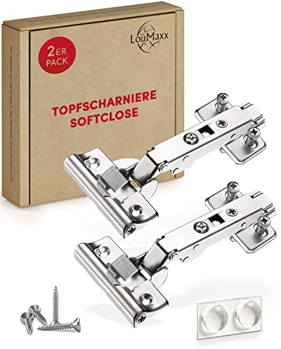 LouMaxx Softclose Scharnier Ø 35 mm mit integrierter Dämpfung – 2er Set Scharniere Schranktür Eckanschlag mit Topfscharnier Schablone - Türscharnier mit Bohrschablone zum Softclose nachrüsten