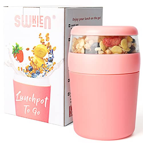 Swkien MüSlibecher to go,Jogurtbecher für Unterwegs mit löffel,Auslaufsicherer Joghurt groß(250ML+500ML) Spülmaschinenfest Lunchpot,Müsli Becher für Arbeit, Schule,Picknick Reisen (Pink)