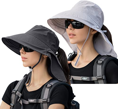 29 IYEBRAO 2 Pack Womens Ponytail Sun Hat with Neck Flap Rollable Wide Brim UPF 50+ UV Protection Bucket Hat for Summer Beach Fishing Hiking Gardening