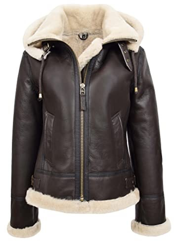 Divergent Retail DR248 Damen Echt Schaffell Winter Warme Jacke Braun, braun, 44