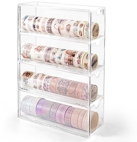 Vowcarol Klar stapelbar lådorganisatör, plastlåda organiserare för kontor och badrum, 24 cm x 17,8 cm x 6,3 cm, klar, modern, ca 60 Washi-tejp i standardstorlek
