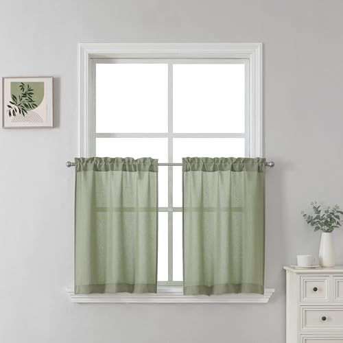 SeeGlee Kurze, halbtransparente Wohnwagen-Vorhänge, 61 cm lang, für Küche, über Spüle, Badezimmer, moderner Leinen-Lichtfilterungs-Mini-Vorhang für Keller, Salbei, 66 cm Breite x 61 cm Länge, 2