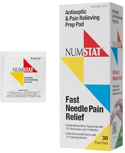 NUMSTAT Antiseptic Numbing Wipes for Needle Pain Relief, 2-In-1 Formula with Benzocaine, Isopropyl Alcohol and Menthol - 30 Prep Pads