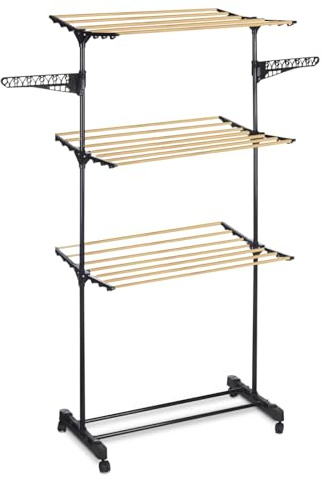 TIENDA EURASIA - Tendedero 3 Alturas, Metal Hierro, Color Negro y Natural, Abierto 80-140 x 57cm x 165cm y Tubo: 22mm x 19mm x 9mm, Vertical Plegable, con Ruedas y Fácil de Mover