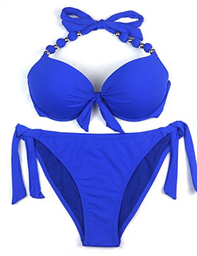 EONAR Damen Seitlich Gebunden Bikini Sets Abnehmbar Bademode Push up Bikinioberteil mit Nackenträger(L,Blue)