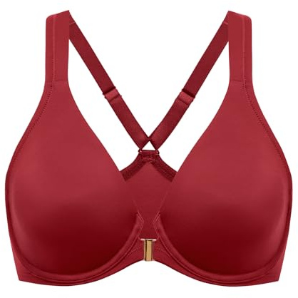 DELIMIRA Soutien Gorge Fermeture Devant Grande Taille avec Armature Decollete Plongeant Dos Nageur Non Rembourré Les réjouissances Rouges 110C