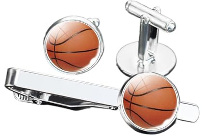 KETAFOUND Klassisches Set Mit Manschettenknöpfen Und Krawattenklammern Für Herren – Modisches Set Mit Krawattennadel Und Manschettenknöpfen Mit Basketball-Muster, Personalisiertes Schm