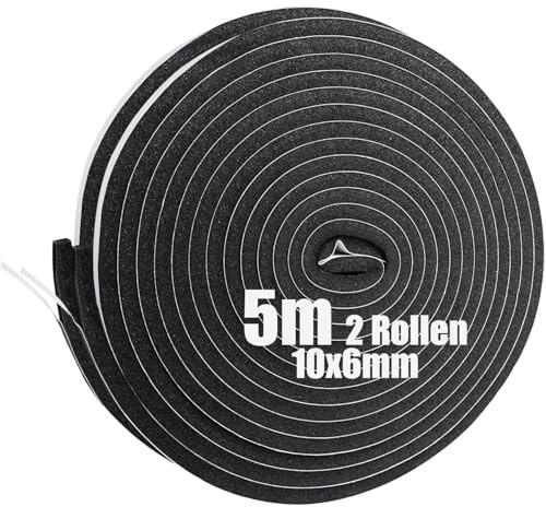 SDLDEER Lot de 2 rouleaux de ruban d'étanchéité autocollant en caoutchouc mousse pour fenêtre et porte - Anti-collision - Isolation acoustique - 10 mm (l) x 6 mm (D) x 5 m (L)