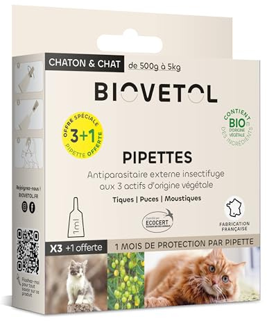 BIOVETOL - Pipettes Anti Puces, Anti-Tiques et Anti moustiques -Bio Certifié Ecocert - Repousse Pendant 4 Semaines - pour Chaton & Chat - Conçu et Fabriqué en France - 3 + 1 Offerte Pipettes