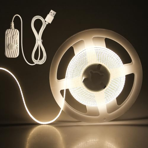 Aclorol 3M 5V Motion Sensor USB COB LED Strip Light Neutral White Stair Light with 1.5M Long USB Cable Dimmable 960LEDs Tape Light Day/Night/Always-on Modes for Stairs Under Bed Kitchen Cabinet